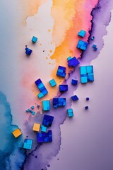 Professional photo of a textured watercolor background with vibrant colors and organic brushstrokes juxtaposed with scattered pixelated glitch fragments in shades of electric blue and purple against a