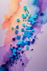 Professional photo of a textured watercolor background with vibrant colors and organic brushstrokes juxtaposed with scattered pixelated glitch fragments in shades of electric blue and purple against a