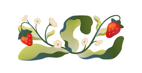 Wild strawberry bush in gradient style. Cute plant with crooked leaves, red berries, blossoming flowers. Horizontal botanical composition of blooming nature. Flat isolated vector illustration on white