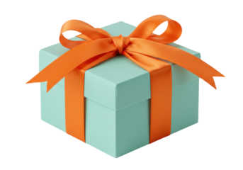 Isolated festive gift box with ribbon bow, bright orange giftwrap, surprise, present, celebration