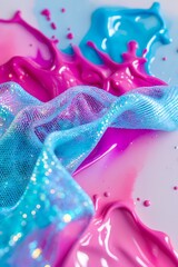 professional photo of an Abstract holographic mesh with intricate details and shimmering effects fading seamlessly into vibrant watercolor splashes showcasing a bright and bold cyan and magenta palett