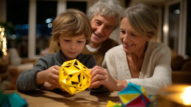 multi generational family designing paper lanterns for festival bright colors scissor snips joyful atmosphere cultural creativity three quarter wide angle cinematic color