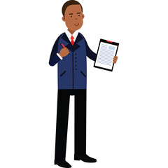 Man In Dark Blue Suit And Red Tie Holding Clipboard And Red Pen With White Shirt Standing On Transparent Background