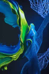 Professional photograph of a vibrant abstract experimental painting that masterfully combines thick oil brush textures with intricate glowing digital mesh patterns embodying a conceptual fusion theme
