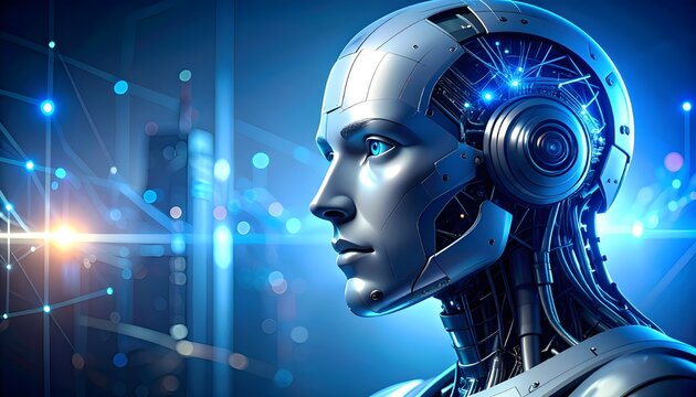 Cinematic 3D visualization of a humanoid robot head showing glowing neural circuits and mechanical details, symbolizing advanced artificial intelligence.