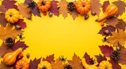 Fototapeta premium Halloween Party Frame with Dried Leaves and Pumpkin on Yellow Background