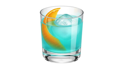 Isolated cocktail with orange twist and ice cube in glass, refreshing alcoholic beverage