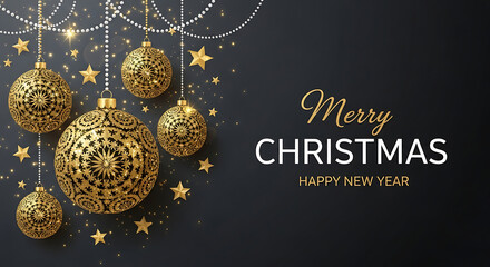 Elegant Holiday Decor Dark Background with Golden Ornaments and Sparkling Stars New Year