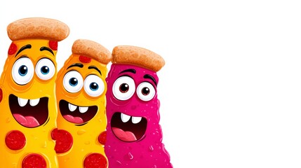 Three cartoon pizza monsters are smiling and looking at the camera. The pizza monsters are yellow, pink, and purple