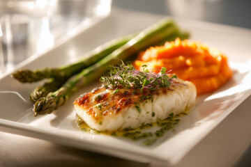 Savor this exquisite pan seared cod fillet crowned with fresh herbs, perfectly paired with vibrant pureed carrots and crisp steamed asparagus for an elegant, healthy meal.