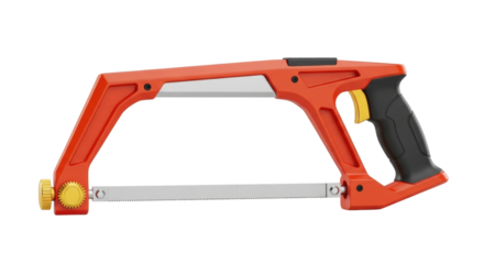 Isolated Orange Hacksaw Tool for Cutting Metal and Wood, Hand Held Workshop Tool, Modern Design
