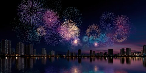 Vibrant fireworks over city skyline reflecting on calm water at night