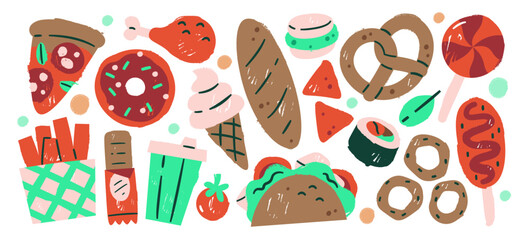 Fast food, desserts and snacks hand-drawn crayon or colored pencil childish drawing isolated set