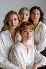 Fototapeta premium Four young caucasian females in white shirts posing together