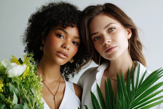 Young caucasian and african female friends with greenery and flowers