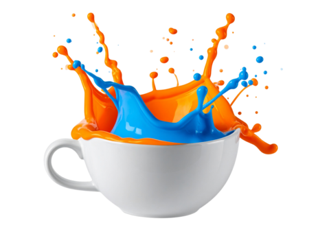 Vibrant Color Burst of Orange and Blue Liquids in Cup Transparent Background