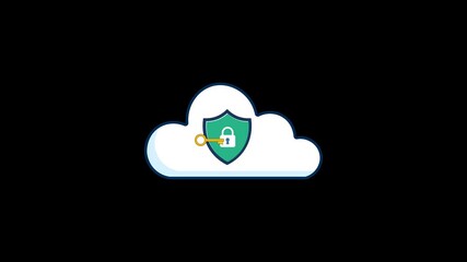 Cloud Data Security and Access Concept Video - Digital Information Protection with a Locked Shield and Key on a White Cloud Symbol in a Blue Sky Background. - Powered by Adobe