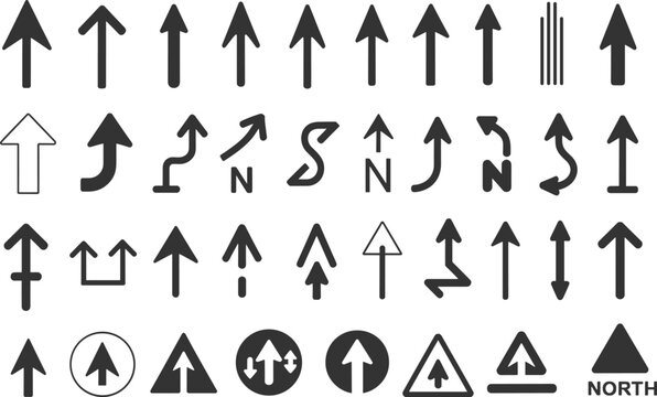 Arrow symbols and directional signs grid, navigation clipart set, abstract road icons, instructional design elements