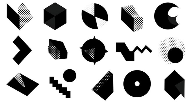 Abstract geometric shapes collection in monochrome design on white background