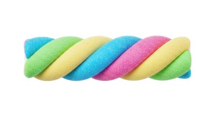 Isolated twisted sugar-coated marshmallow candy with swirled multicolor design on light surface