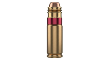 Isolated brass projectile cartridge, weapon round with red band, ammunition, military arsenal