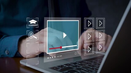 Modern e-learning concept showing online video course on laptop screen with digital icons representing education, global learning, and technology innovation in distance education system. - Powered by Adobe