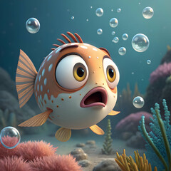 surprised cartoon fish with big eyes 3d render