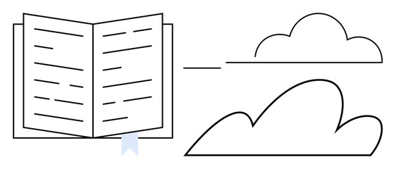 Open book with visible pages and bookmark beside minimal cloud shapes. Ideal for education, learning, imagination, creativity, reading, storytelling, writing projects. Simple flat metaphor