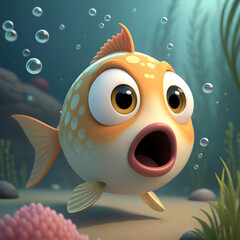 surprised cartoon fish with big eyes 3d render