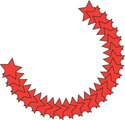 A curved line of small, red, star-shaped confetti against a white background.