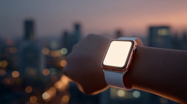 A wrist holding a smart device with a lit display against a blurry cityscape at dusk, reflecting ambient light - Powered by Adobe