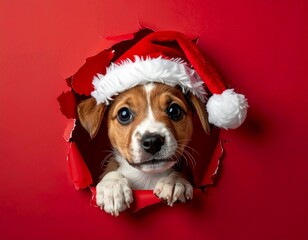 Śmieszny, słodki piesek w czapce Świętego Mikołaja wyglądający z dziury w czerwonym papierze