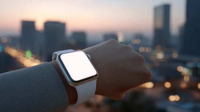 A wrist-mounted, rectangular device with a white screen glows against a blurry city at dusk, showcasing a sleek, modern design