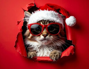 Kot w czerwonej czapce Świętego Mikołaja i czerwonych okularach wyglądający przez dziurę wydartą w czerwonym papierze