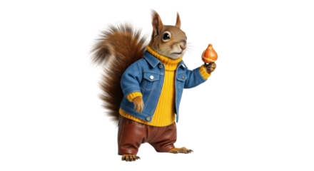 Isolated squirrel in jacket holding onion, funny anthropomorphic rodent wearing human clothes