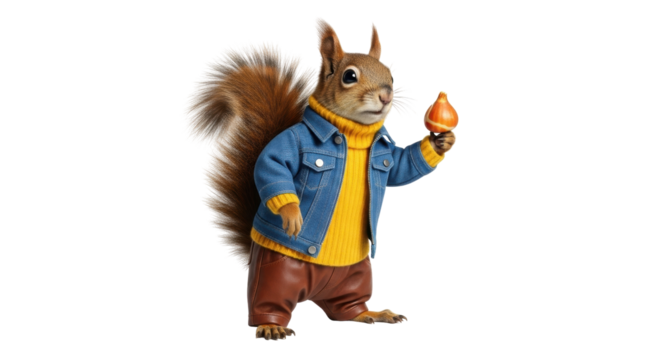 Isolated squirrel in jacket holding onion, funny anthropomorphic rodent wearing human clothes