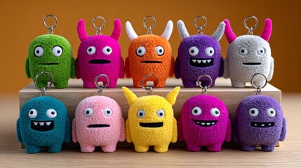 Obraz premium A row of colorful plush toy monsters with different colored eyes and mouths. The colors are green, pink, yellow, purple, and white