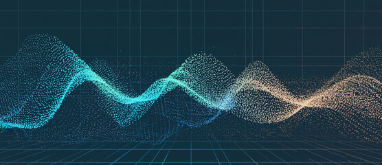 Abstract Soundwave: Captivating visual representation of sound waves, rendered in vibrant hues of teal and gold, against a dark, grid-like backdrop. This image embodies the essence of sonic energy.