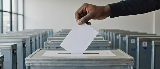 Democratic participation: An hand inserting a ballot into a ballot box during an election, symbolizing the power of individual participation in the democratic process.