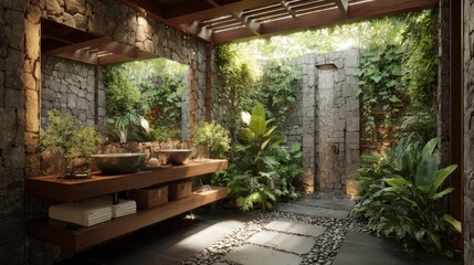 Luxurious outdoor bathroom featuring stone walls, wooden accents, and lush greenery surrounding a double sink vanity and shower