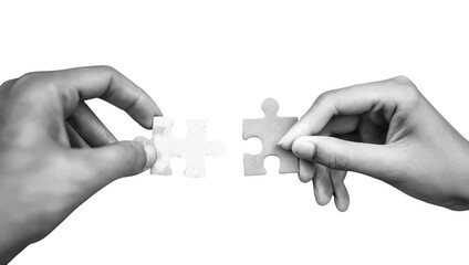 Hands holding puzzle pieces together isolated on a transparent background