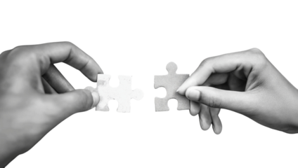 Hands holding puzzle pieces together isolated on a transparent background