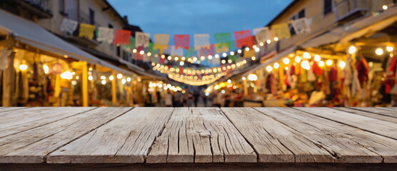 Rustic Tabletop against the vibrant street market: The rough-hewn surface of a wooden tabletop provides a charming foreground to the bustling energy of a marketplace at dusk.