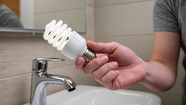 Person holding a compact fluorescent lamp (CFL) before installation over a bathroom sink, with chrome faucet and mirror in background, illustrating eco-friendly home maintenance