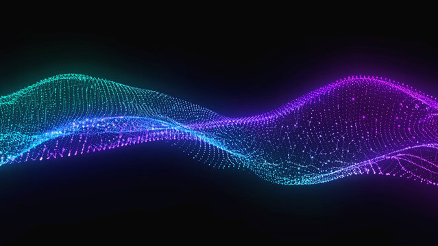 Dynamic Energy Flow: An abstract digital rendering showcases an undulating wave of light, its vibrant hues of teal and purple weaving gracefully against a stark, black backdrop. - Powered by Adobe
