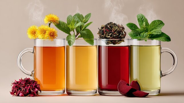 Four cups of tea with different flavors and garnishes. The cups are arranged in a row, with the first cup on the left and the last cup on the right. The cups are filled with different types of tea