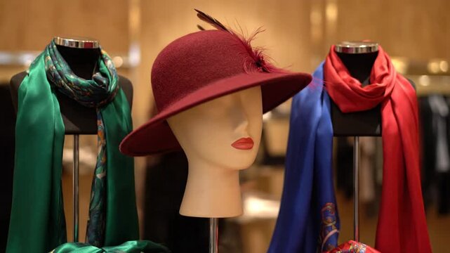 A mannequin head displays a burgundy hat with feathers flanked by scarves