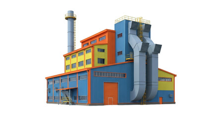 Fototapeta premium Isolated colorful factory building model with tall chimney in studio render medium shot
