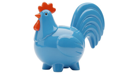 Isolated blue rooster shaped piggy bank, farm animal toy for kids, saving money concept