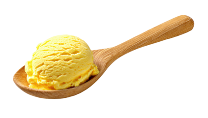 Close-up shot of a single scoop of yellow ice cream nestled in a wooden spoon